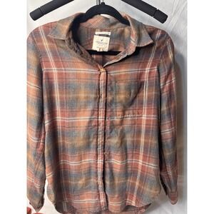 American Eagle Oversized Plaid Flannel Button Up Shirt Fall Gray Orange Brown